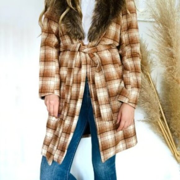 FOREVER 21+ Cream Brown White Plaid Faux Fur Collar Tie Trench Pea Coat Jacket - Picture 2 of 4